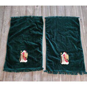 Green Cotton Towels With Santa Embroidery Set‎ Of 2 23"x 15"